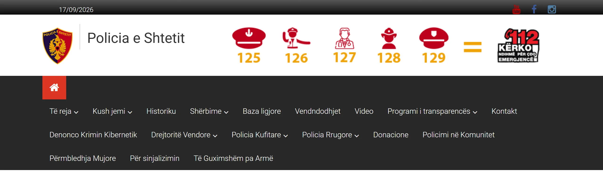 Faqja e Policisë së Shtetit me numrat e emergjencës 125–129 dhe 112 dhe menynë ku ndodhet "Denonco Krimin Kibernetik"