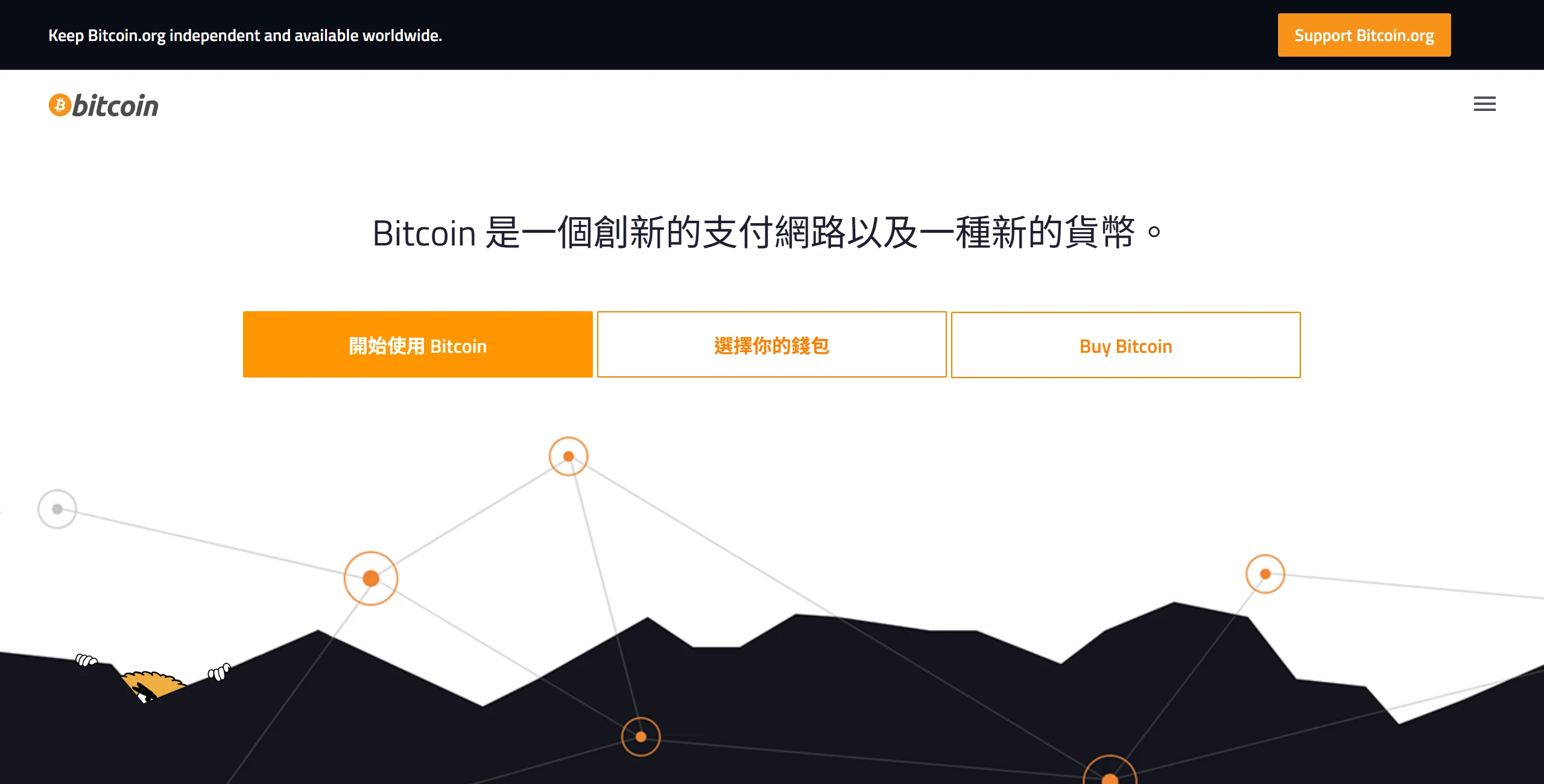 bitcoin.org 繁體中文版首頁,標語為「Bitcoin 是一個創新的支付網路以及一種新的貨幣」,下方三個按鈕為開始使用、選擇你的錢包、Buy Bitcoin