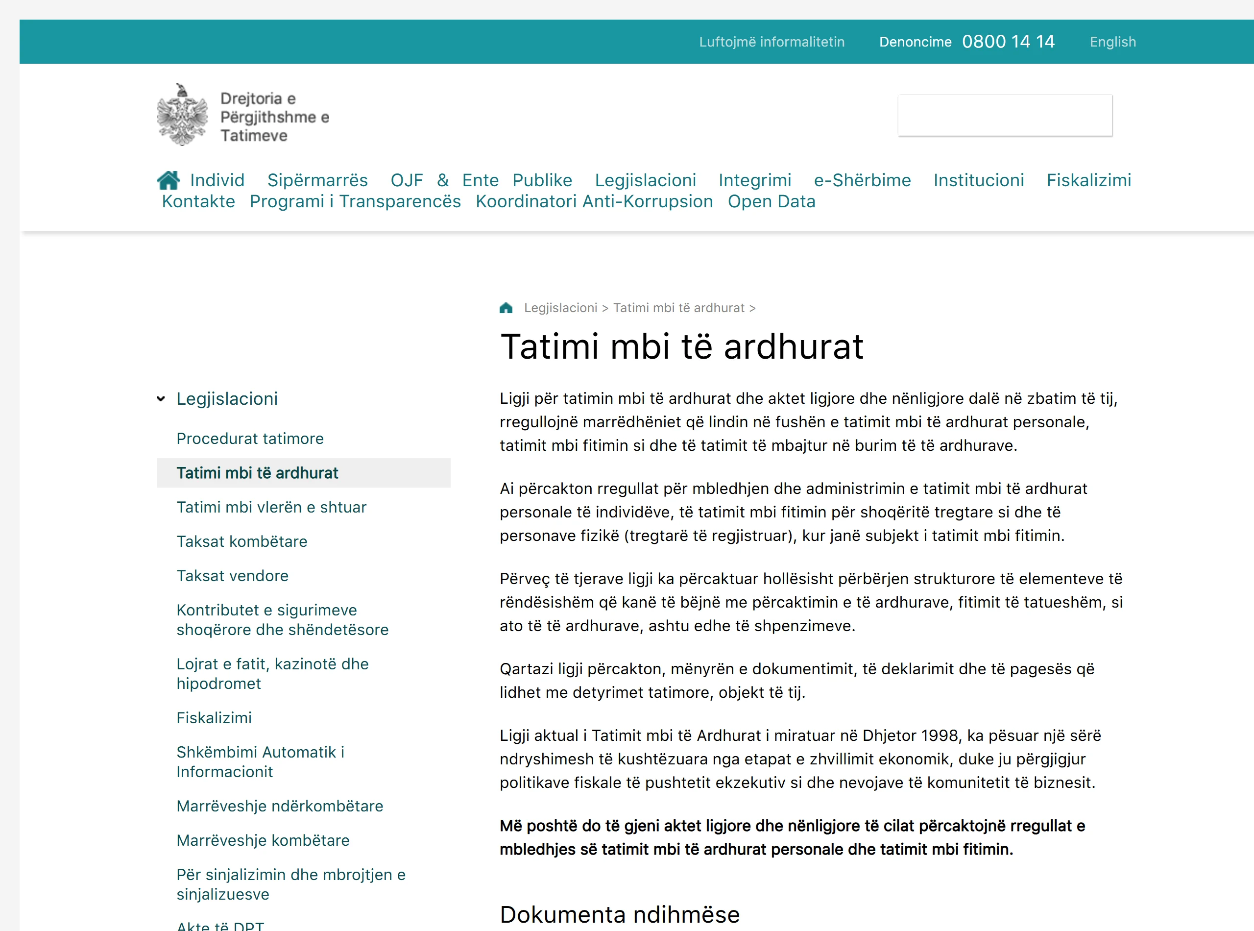Faqja "Tatimi mbi të ardhurat" e Drejtorisë së Përgjithshme të Tatimeve, me aktet ligjore të arkivuara sipas viteve