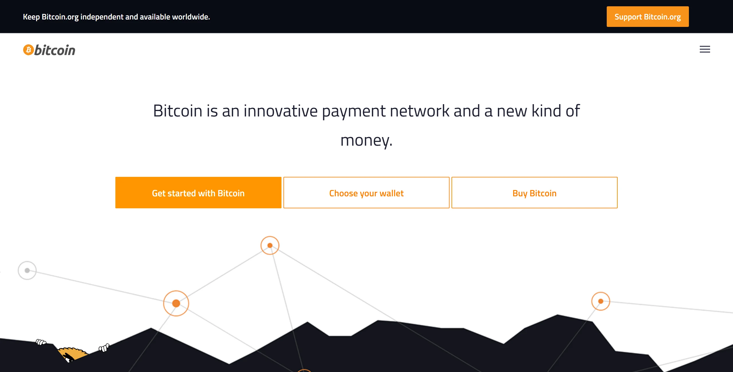 Faqja kryesore e bitcoin.org me tre butonat: Get started with Bitcoin, Choose your wallet, Buy Bitcoin