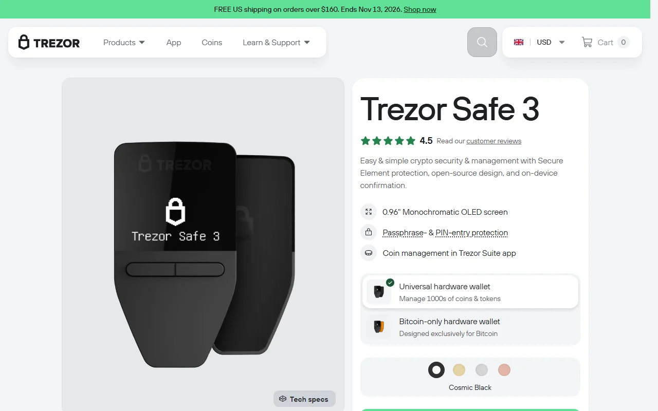 Trezor 官方網站的 Trezor Safe 3 產品頁，介紹寫著具備 Secure Element 安全晶片、開放原始碼設計，並在裝置上確認交易，下方列出 0.96 吋單色 OLED 螢幕與 PIN、passphrase 保護