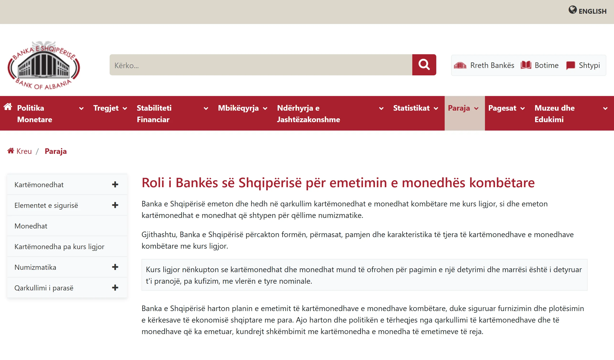 Faqja e Bankës së Shqipërisë për emetimin e monedhës kombëtare, me përkufizimin e kursit ligjor